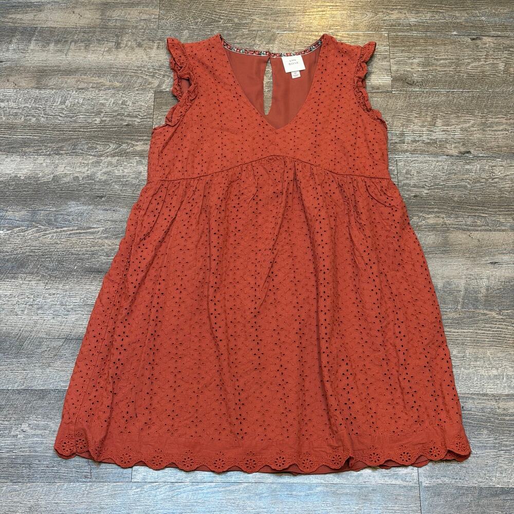 Knox Rose Womens M Rust Orange Eyelet Mini Dress V Neck Flutter Sleeve Babydoll